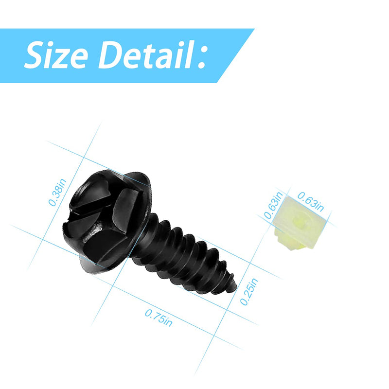 Universal License Plate Screws for Fastening License Plates, Nylon Screw Inserts, Frames and Covers on Cars and Trucks (Black) Black