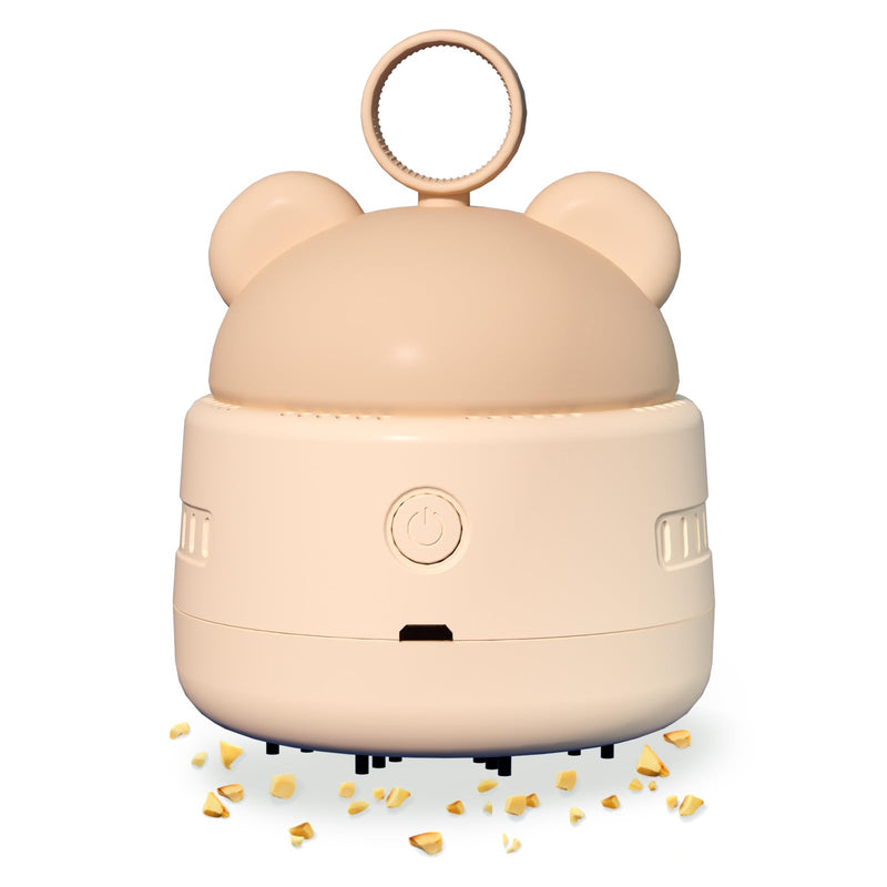 Zmol Mini Desktop Vacuum Cleaner with USB Charging, Cleaning Brush, Bear Head Ring for Easy Grip, 360° Swivel Portable Vacuum Cleaner for Keyboards Office Desks and Other Dusty Debris Beige