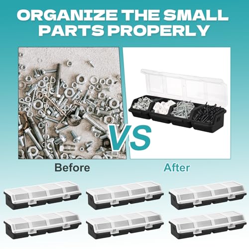 YEXEXINM 6Pcs Screw Organizers Storage Bins with Lids, Plastic Stackable Hardware Organizer Box for Garage Nails Craft Tool Organizing, Tool Cart Cabinet Workbench Drawers (Black) Black