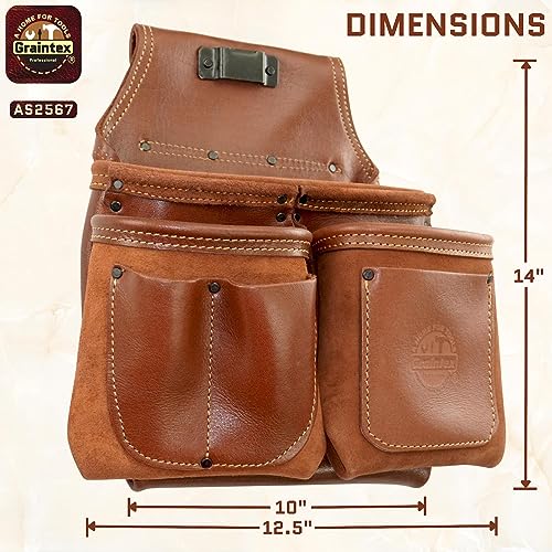 Graintex Ambassador Series 6 Pocket Framers Professional Nail & Tool Pouch Durable and Versatile Genuine Top Grain Leather for Framers, Constructors, Electricians, Plumbers, Handyman Chestnut Brown