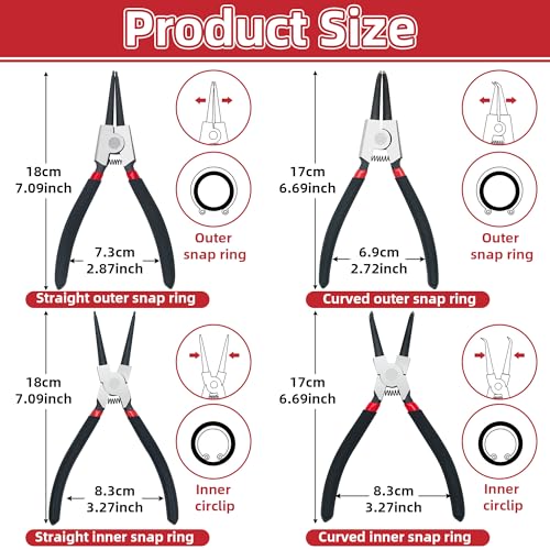 7-Inch Snap Ring Pliers Set, Heavy Duty Internal & External Circlip Pliers Kit with Straight & Bent Tips,C-Clip Retainer Removal Tool Set,Includes Storage Bag
