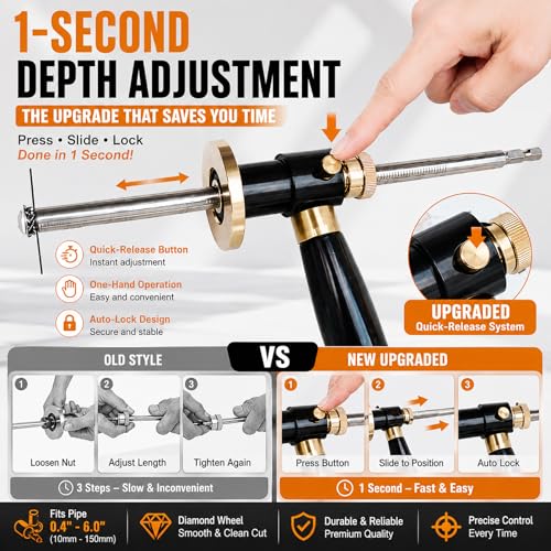 Upgraded Inside Pipe Cutter for PVC Pipe, One-Press Adjustable Depth 0.4"-7", Flush Cut Tool with Diamond Cutting Wheel, Fits Multiple Pipe Sizes, 1/4" Hex Shank for Drill & Impact Driver Pro Kit