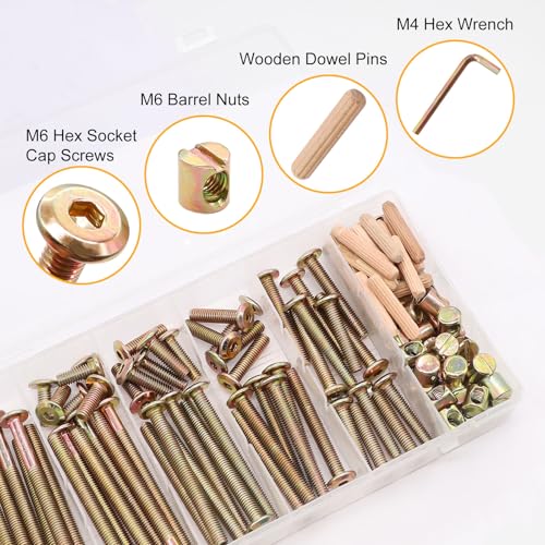 weideer 122PCS Crib Screws and Nuts Kit, Furniture Bolts M6x16/20/25/30/40/50/60/70/80mm,Barrel Nuts Wooden Dowel Pins Hex Drive Socket Cap Screws Kit for Beds Chairs Furniture K-195 (Pack of 2) 122PCS-M6x16/20/25/30/40/50/60/70/80mm (Pack of 2) Gold
