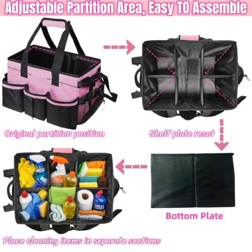 BLIRITEL Large Cleaning Caddy Bag with Handle, Cleaning Caddy Organizer with Shoulder Strap, Multi-Compartment Cleaning Supply Tote for Cleaners & Housekeepers (Pink) Pink