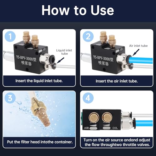Mist Coolant Lubrication Spray System YS-BPV-300 for Milling & Engraving Machine, 1/4" and 8mm Air Inlet Hose Connector, Cutting Cooling Mister, Pack of 2 1/4" Air inlet, Metal Tube