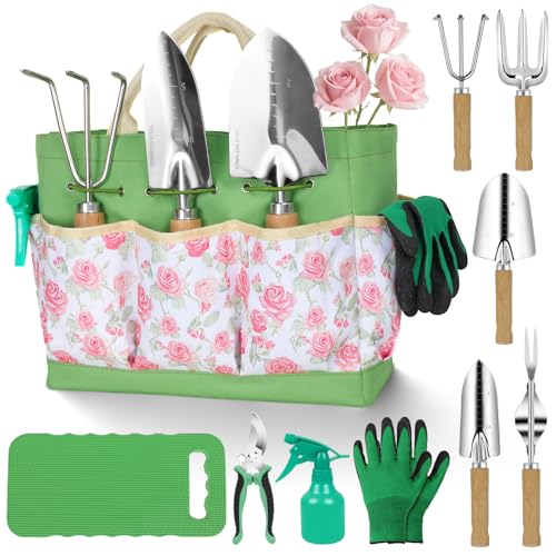 Garden Tool Set,10 Piece Garden Kit,Heavy Duty Stainless Steel Gardening Hand Tools with Durable Storage Tote,Gardening Gifts for Women Men Floral Pattern Design