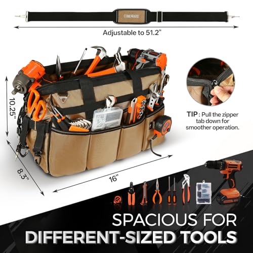 16" Tool Bag, 19-Pocket Tool Organizer with Adjustable 51.2" Shoulder Strap
