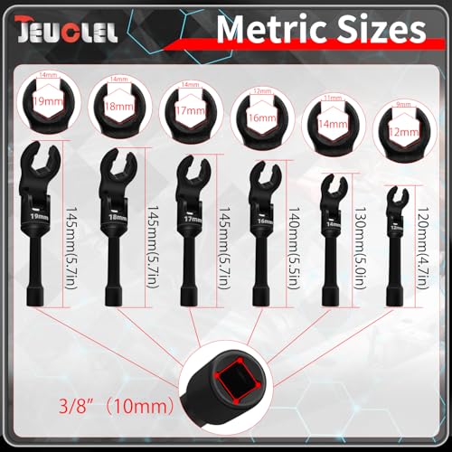 6PCS 3/8" Drive Long Flex Head Injector Fuel Line Socket Wrench Set 6Pcs Long Flex Head Socket (Red)