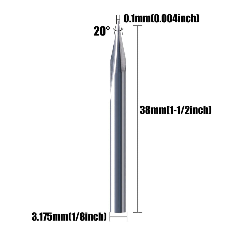HUHAO V Groove CNC Wood Engraving Bit, 1/8 Shank, 20 Degree 0.1mm Carbide Tip Engraving Bits,2 Flute Straight & V-Bit Woodworking Carving Bit Tool for Plywood, MDF Lettering Sign Making ø3.175*20°*0.1mm 5pcs