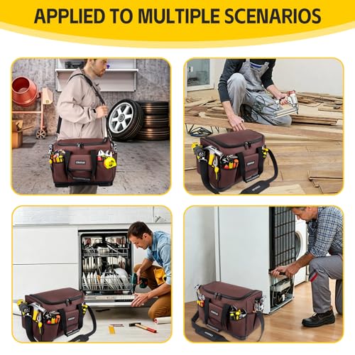 16-Inch Tool Bags For Men Heavy Duty, 29 Pockets Large Tool Organizer Bag with Hard Plastic Bottom & Waterproof Oxford, Electrician Tool Bag for HVAC Mechanic Contractor Construction Work Brown 16 Inch