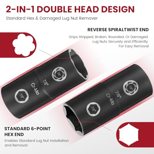 2-in-1 Lug Nut Removal Tool & Impact Socket Set, with 1/2" Drive, Easy Out Broken Bolt Extractor Kit, Ez Out Stripped Wheel Lock for Removing Rounded, Rusted Bolts, Nuts & Screw 7-Pieces(Red) 7pcs