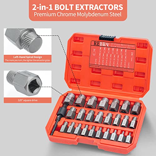 REBRA 27-Pieces Screw Extractor Set, 3/8" Inch Impact Double Head Easy Out Bolt Remover Kit, Hex Head Multi-Spline for Removing Stripped, Rounded, Damaged, Broken Screws, Bolts, Studs