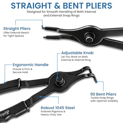 Snap Ring Pliers Set 10 Piece Kit Heavy Duty, Internal External Circlip