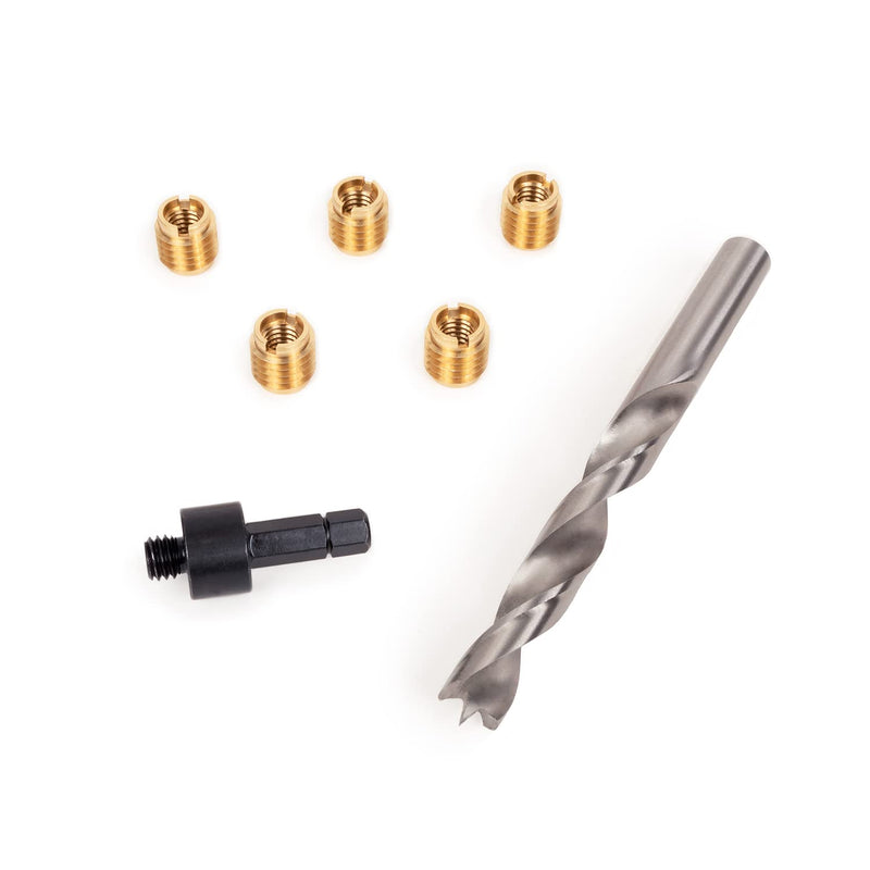 E-Z LOK 400-624 Threaded Inserts for Wood, Installation Kit, Brass, Includes 3/8-24 Knife Thread Inserts (5), Drill, Installation Tool 3/8-24 (5 Count)