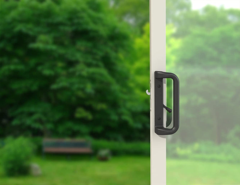 House Guard Black Sliding Glass Door Handle Set with Lock and Key | Fits 3-15/16 in screw holes; keyed mortise lock, reversible, for 1-3/16 to 2 in doors