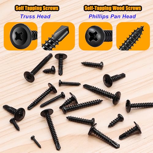 weideer 1095pcs Self Tapping Screws #8#10 M2 M3 M4,410 Stainless Steel Black Oxide Truss Head and Carbon Steel Phillips Pan Head Self Tapping Screws Assortment Kit
