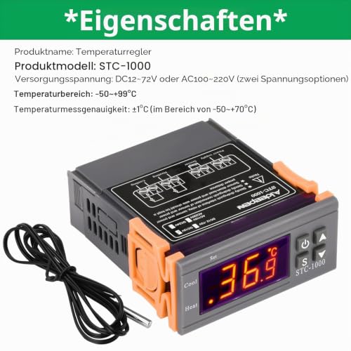 Aideepen Digital Temperature Controller, STC-1000 DC 12V 10A Thermostat Control Switch 2 Relay Output with NTC 10K Sensors for Heating and Cooling