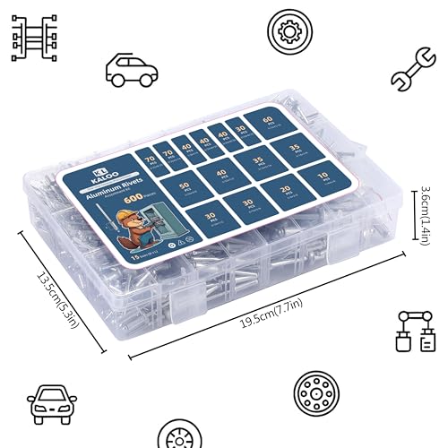 600 PCS Rivets, Kaloo 15 Size Aluminum Pop Rivets Assortment Kit, Silver Pop Rivet Set including 3/32" 1/8" 5/32" 3/16" 1/4"