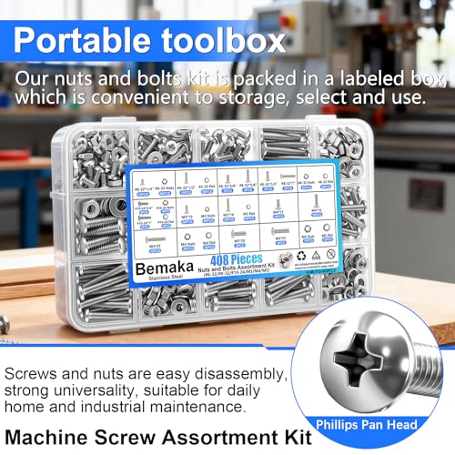 1287Pcs Nuts and Bolts Assortment Kit, 304 Stainless Steel Bolts Machine Screws Hardware Assortment Kit + 408PCS Machine Screws Nuts and Bolts Assortment Kit, 304 Stainless Steel Bolts #6-32#8-