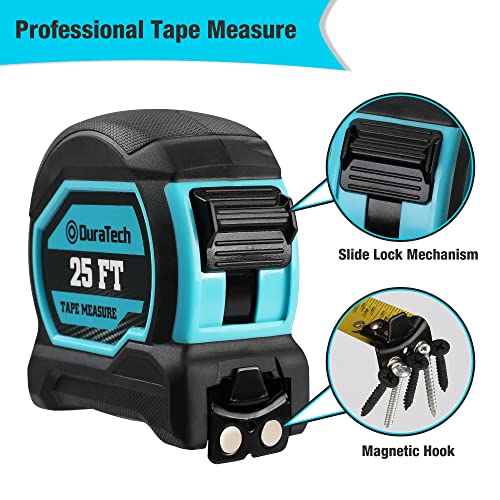 DURATECH Magnetic Tape Measure 25FT with Fractions 1/8, Retractable Measuring Tape with Stubby Ratcheting Screwdriver, 12-in-1 Multi-bit Short Screw Drivers, Innovated Bits Quick-Load Mechanism