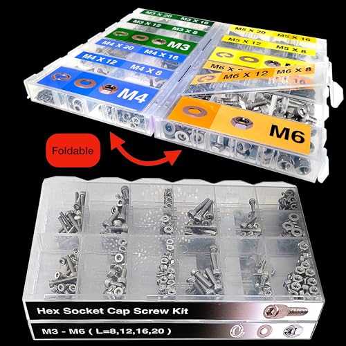 EEEEE 880PCS Metric M6 M5 M4 M3 Metric Bolt Assortment Metric Screws Assortment kit 16 Sizes Set Hex Socket Head Cap Screw 304 Stainless Steel Assorted Nuts and Bolts Washer M3 M4 M5 M6 880 pieces