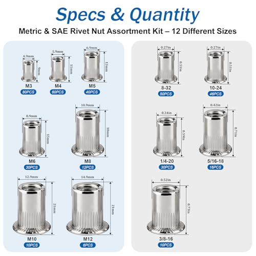 390Pcs Rivet Nut Kit, Metric & SAE Rivnut Assortment Set M3 M4 M5 M6 M8 M10 M12#8-32#10-24 1/4"-20 5/16"-18 3/8"-16 304 Stainless Steel Nutsert Flat Head Threaded Inserts for Metal, Automotive SS Metric & SAE 390pcs