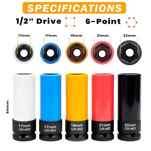 5Pcs Lug Nut Socket Set, 1/2" Drive Metric 17mm 19mm 21mm 22mm 5pcs