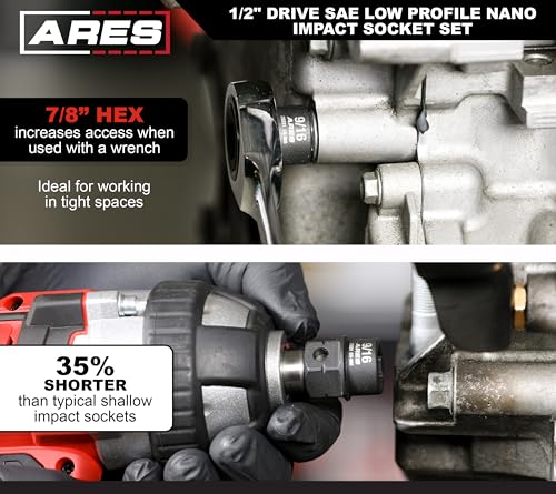 ARES 29021 11-Pc 1/2in SAE Nano Sockets, Low Profile, w/Rail 11-Piece SAE Nano Impact Socket Set