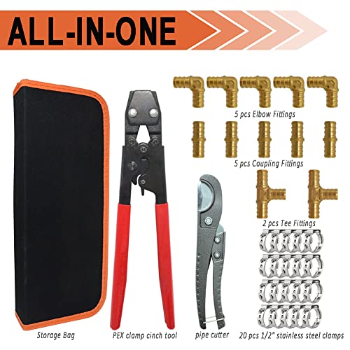 TTFLEX RV Pex Repair Kit with Cinch Tool, Pipe Cutter & 1/2" Brass Fittings PEX Tool Kit B - 1/2"