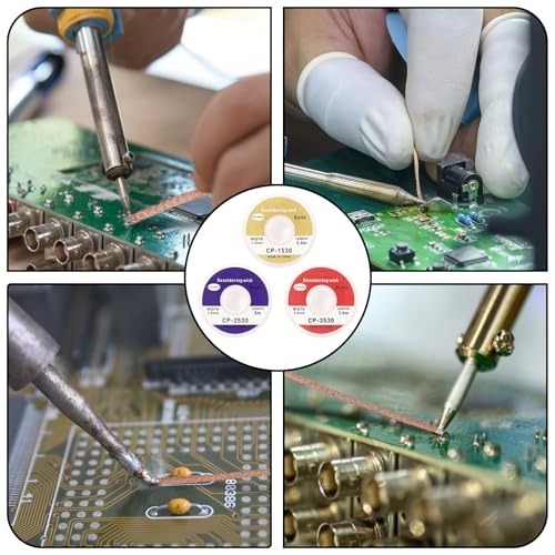 Pack of 3 Desoldering Braids - Copper Desoldering Wire (1.5 mm x 3 m, 2.5 mm x 3 m, 3.5 mm x 3 m) | Ideal for Desoldering and Removing Solder at Solder Points | High Thermal Conductivity Soldering Braid