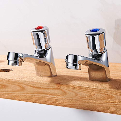 Self Closing Bathroom Sink Taps Pair, 1 Pair G1/2" Chrome Plated Bathroom Sink Faucet Brass Push Button Hot and Cold Mixer Time Delay Washbasin Tap Mixer for Kitchen Hotel Restaurant Public Toilet