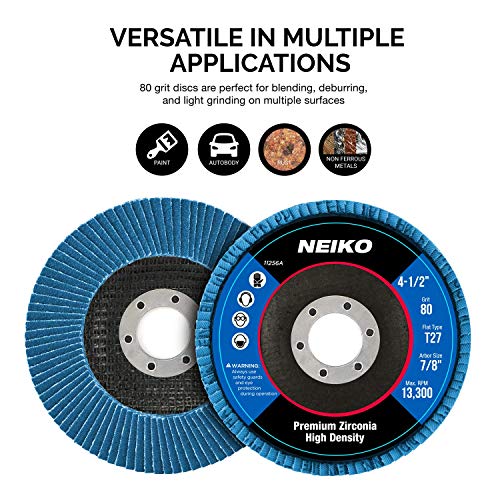 Neiko 11256A High Density Jumbo Premium Zirconia Flap Disc | 4.5" x 7/8-Inch, 80 Grit, Flat Type #27 - 10 Pack