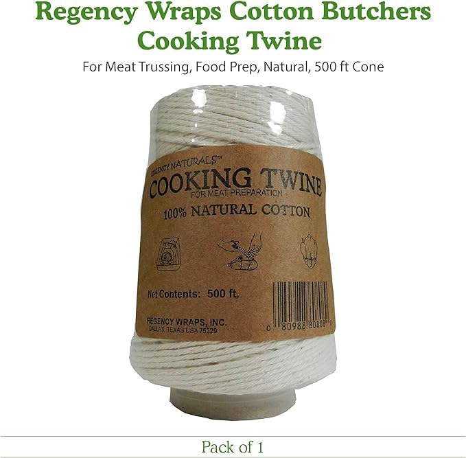 Regency Wraps Butchers Cooking Twine, Heavy Duty, 500ft,16 Ply, 2.4mm, Food-Safe Cotton Kitchen String for Turkey Trussing, Meat Prep, Crafting, Natural, Pack of 1 500 ft Cone (Pack of 1)