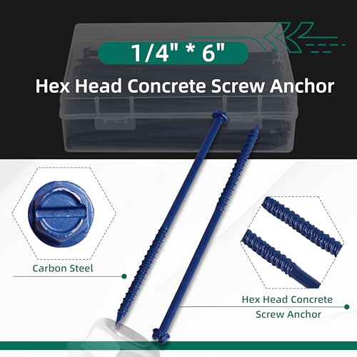 30-Pack 1/4" * 6" Hex Head Concrete Screw Anchor, Concrete Screws 30