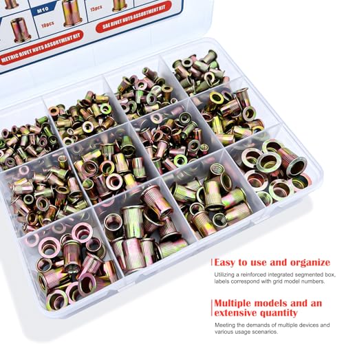 Rivet Nut Kit, 470Pcs SAE & Metric UNC Rivet Nut, Zinc Plated Carbon Steel Rivnut Threaded Inserts Assortment Set Nutserts, Sizes 6-32 8-32 10-24 1/4"-20 5/16"-18 3/8"-16 M3 M4 M5 M6 M8 M10 SAE & Metric Kit - 470 Pcs - Original