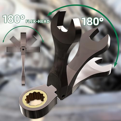 PRIDE&CRAFT 8 Piece Flex Head Stubby Ratcheting Combination Wrench Set, Metric 8-17mm, 90-Teeth, CRV, Nickel Plating with Rolling Pouch