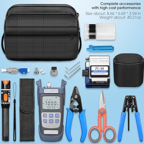 Fiber Termination Kit - 11 in 1 Assembly FTTH Cold Connection Assembly Tool kit with OPM 6S Cleaver-Fiber Optical Stripper Pliers FC to LC Adapter