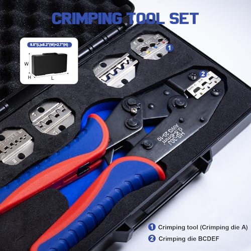 Wire Crimping Tool,6 Interchangeable Dies Crimper,for AWG22‑10 Heat Shrink,Insulated Nylon,AWG22‑6 Non‑Insulated Cable Lugs,AWG20‑10 Open Barrel Terminals,AWG24‑8 Ferrules,AWG14‑10 Solar Connectors 6