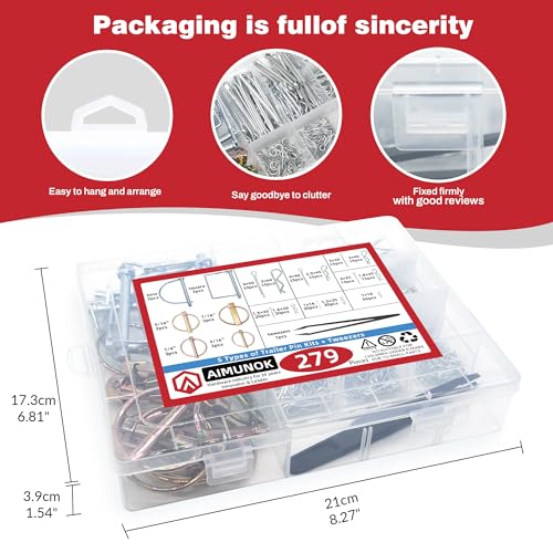 AMUNOK 279Pcs Heavy Duty Carbon Steel Pin Assortment, Hitch Lock & R-Clip Assorted Pins x 279 18 Sizes