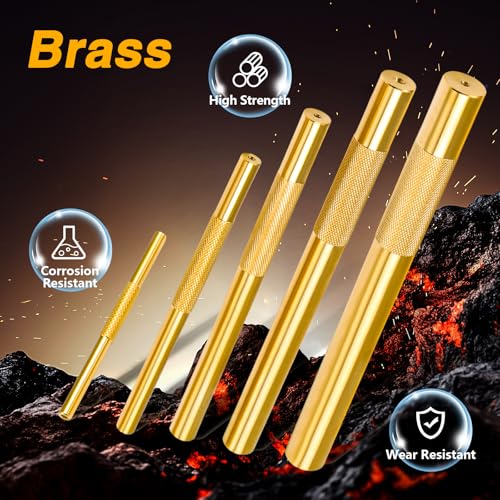 EVRBUL 5 PCS Brass Drift Punch Tool Set for 1/4″ 3/8 ″ 1/2 ″ 5/8 ″ 3/4 ″ Non-Sparking Hand Tool Brass Drift Punch Set Replace#: 045256670034 67003-MAI