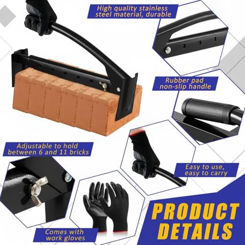 Adjustable Heavy Duty Brick Tongs Set Between Carry 6 to 10 Bricks Heavy Duty Block Tongs with Rubber Pad Handle and Gloves for Bricks Lifting Carrying (Black) Black