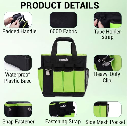 MELOTOUGH 12-Pocket Garden Tool Bag with Hard Bottom, Garden Caddy, Green