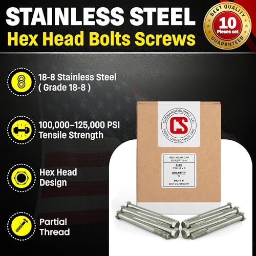 Stainless 7/16-14 x 5" Hex Head Bolts 304 Stainless Steel (10 Pieces) 7/16-14 x 5"