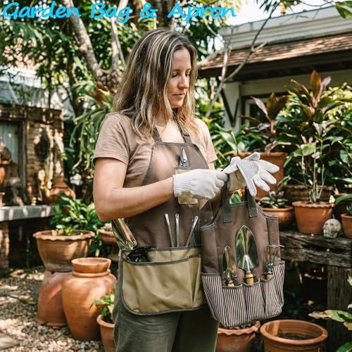 14 PCS Garden Tool Set with Soil Moisture Meter, Stainless Stell Heavy Duty Gardening Hand Tools with Wood Handle, Tote Bag, Repotting Mat, Gardening Tool Set Ideal Gift for Women and Men