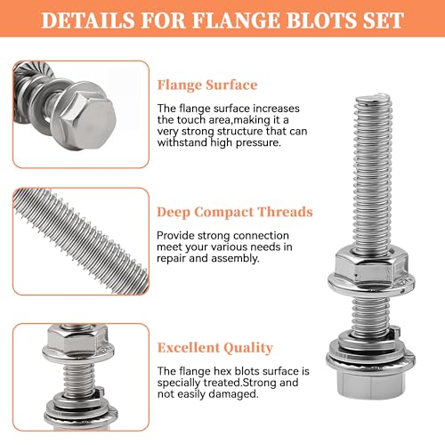 260Pcs 304 Stainless Steel M6 Flange Hex Head Bolts Assortment Kit,M6-1.0 x 12/16/20/25/30/35/40mm with Serrated Flange Nuts,Washers & Lock Spring Washers,Hex Head Screw, Full Thread DIN6921 Sliver M6 Flange Blots Kit