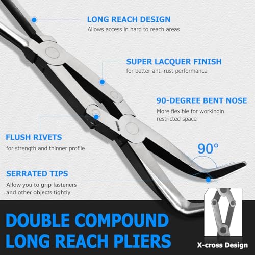 3-PCS 13” Double Jointed Long Needle Nose Pliers Set with Straight, 45°and 90° Bent Tips - Professional Thin-Nosed Enhanced Long Reach Pliers Suitable for Working in Narrow and Sharp Angles 3-piece Long Nose Pliers Set