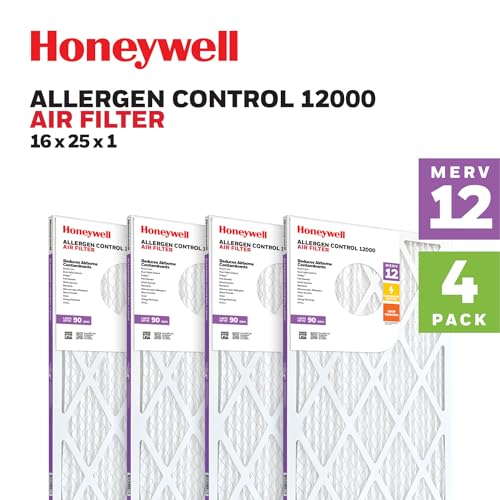 Honeywell 16x25x1 MERV 12 Electrostatic Pleated HVAC AC Furnace Air Filter (4-Pack) | Replacement Filter for Home Use | Made in USA 16x25x1 (4 Pack)