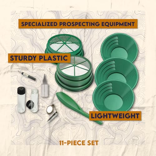 SE 11-Piece Gold Panning Kit - Complete Prospecting Set with Pans, Sieves, Tweezers, Glass Bottles, Sand Magnet, and More - Ideal for Beginners and Enthusiasts - GP5-KIT111
