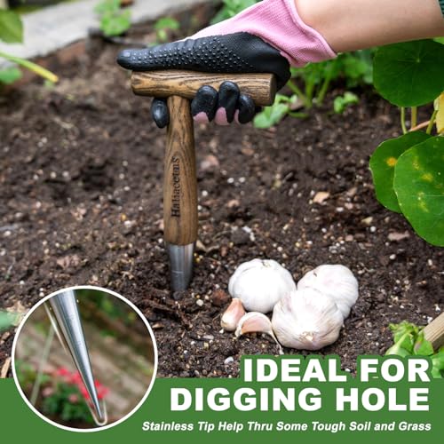 Hand Dibber with 5 inches Measuring Scale, Easy to Grip L-Shaped Wood Handle Dibbler, Stainless Steel Mattock with Sharp Pick and Cutting Edge for Breaking up Heavy Clay Soil