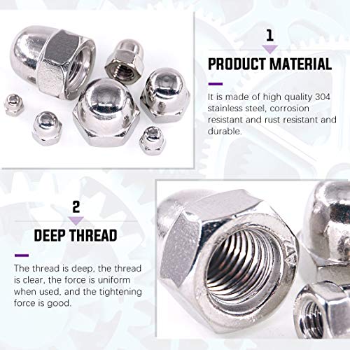 Swpeet 100Pcs 304 Stainless Steel Serrated Metric Acorn Cap Nuts Hex Dome Cap and 150Pcs 304 Stainless Steel 6 Sizes Metric Square Nuts Assortment Kit
